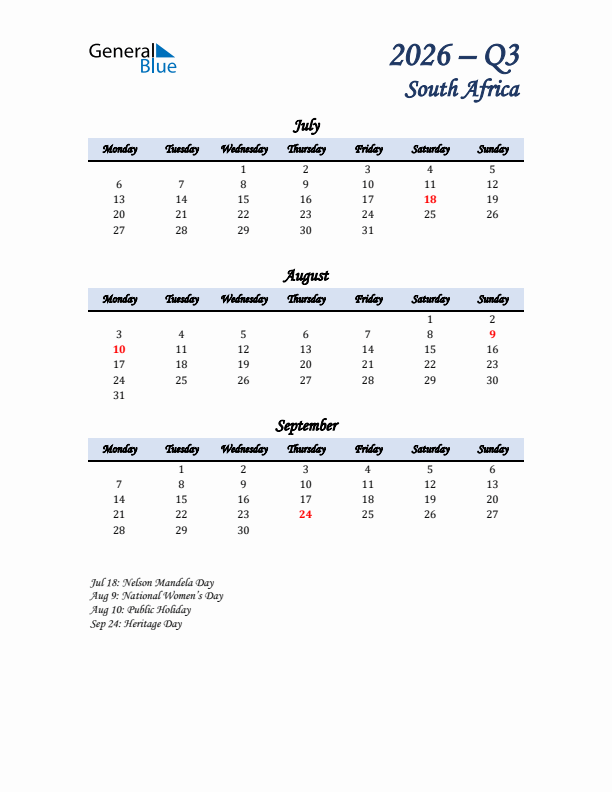 July, August, and September Calendar for South Africa with Monday Start