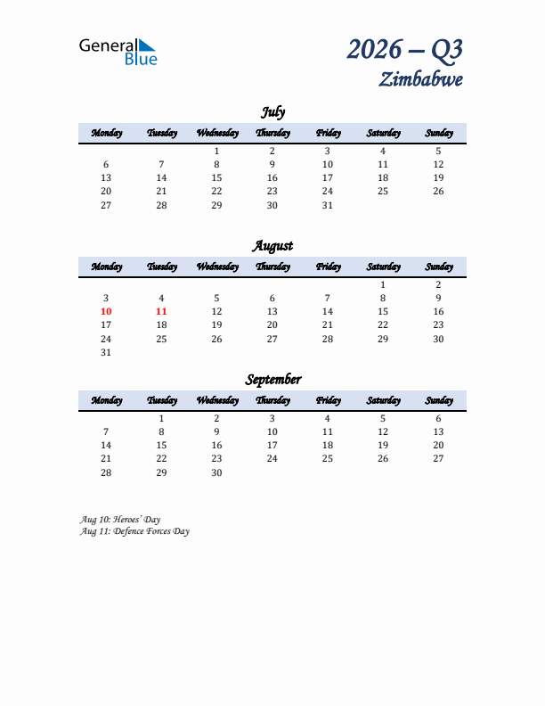 July, August, and September Calendar for Zimbabwe with Monday Start