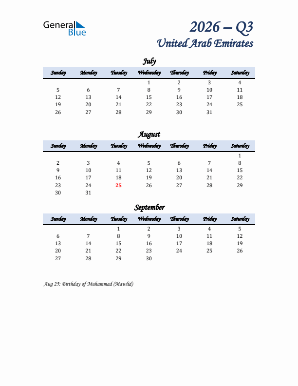 July, August, and September Calendar for United Arab Emirates with Sunday Start