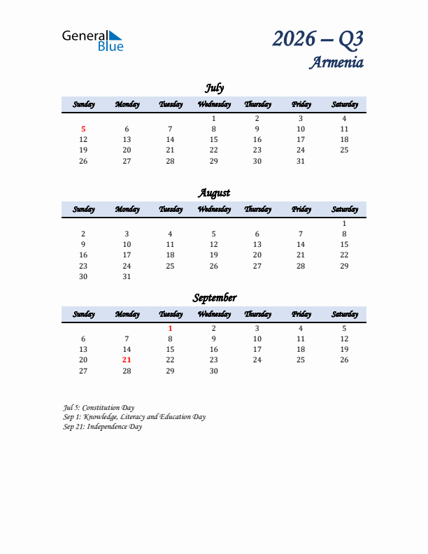 July, August, and September Calendar for Armenia with Sunday Start