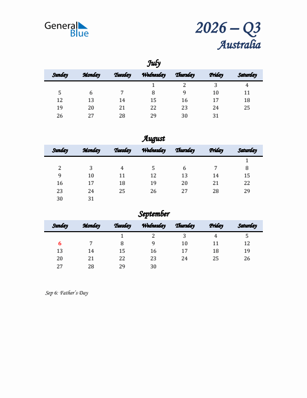 July, August, and September Calendar for Australia with Sunday Start