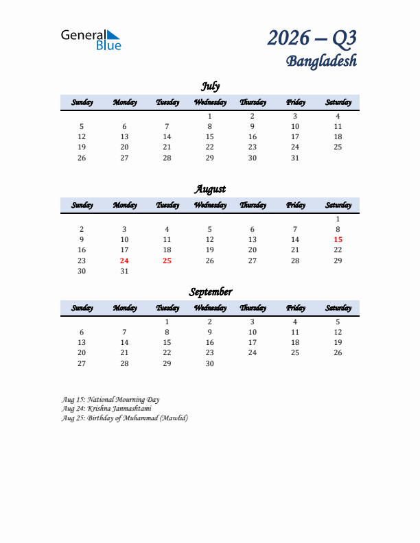 July, August, and September Calendar for Bangladesh with Sunday Start