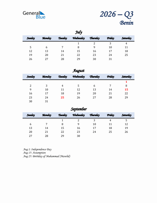 July, August, and September Calendar for Benin with Sunday Start