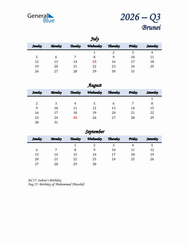 July, August, and September Calendar for Brunei with Sunday Start