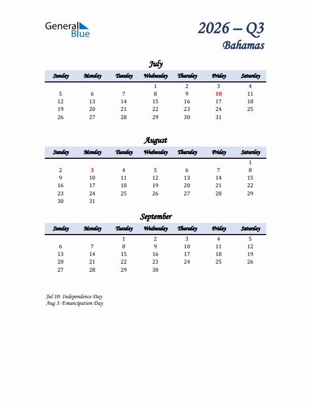 July, August, and September Calendar for Bahamas with Sunday Start