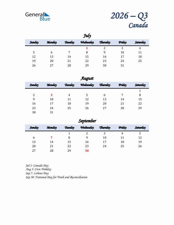 July, August, and September Calendar for Canada with Sunday Start