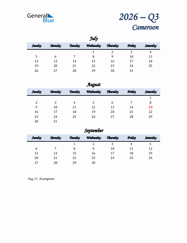 July, August, and September Calendar for Cameroon with Sunday Start