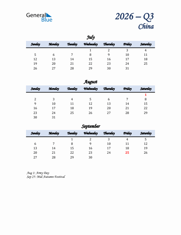 July, August, and September Calendar for China with Sunday Start