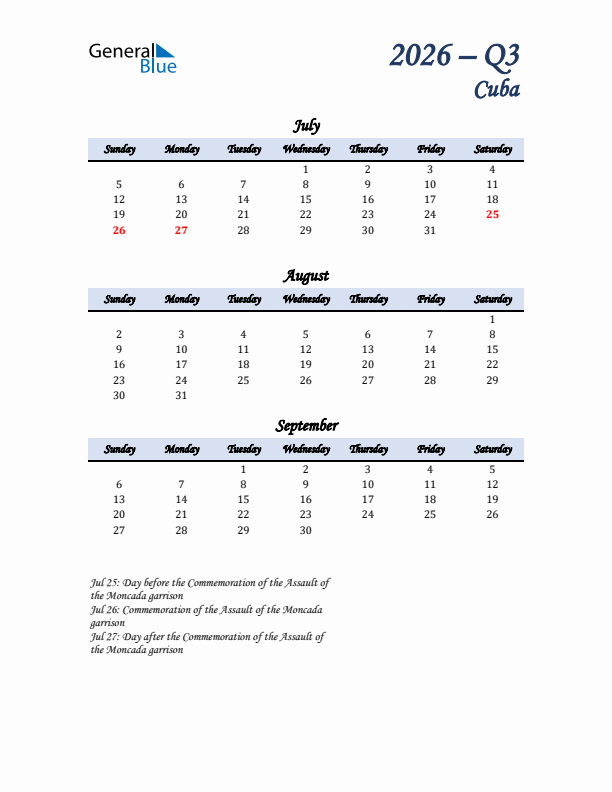 July, August, and September Calendar for Cuba with Sunday Start