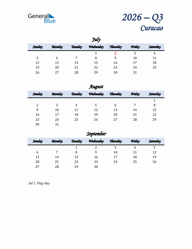 July, August, and September Calendar for Curacao with Sunday Start