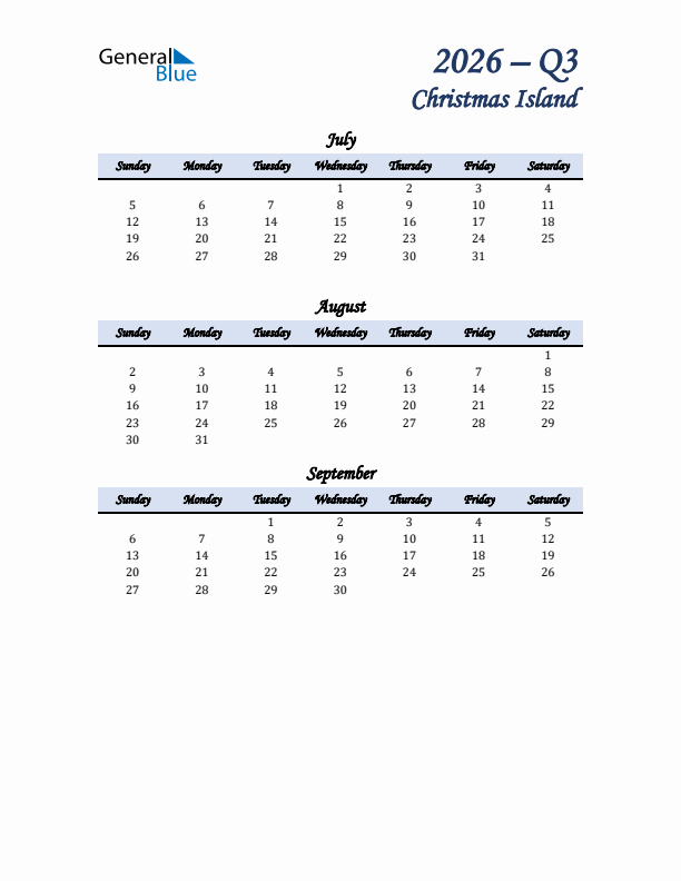 July, August, and September Calendar for Christmas Island with Sunday Start