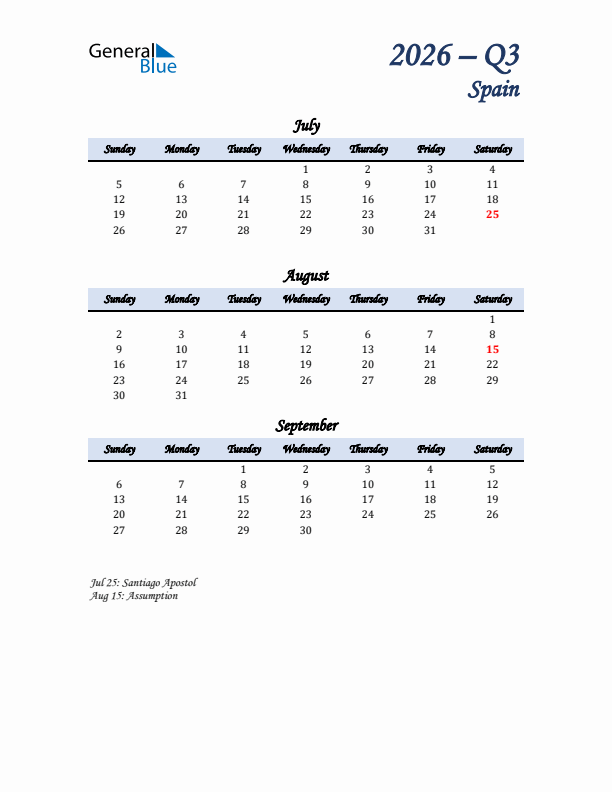 July, August, and September Calendar for Spain with Sunday Start