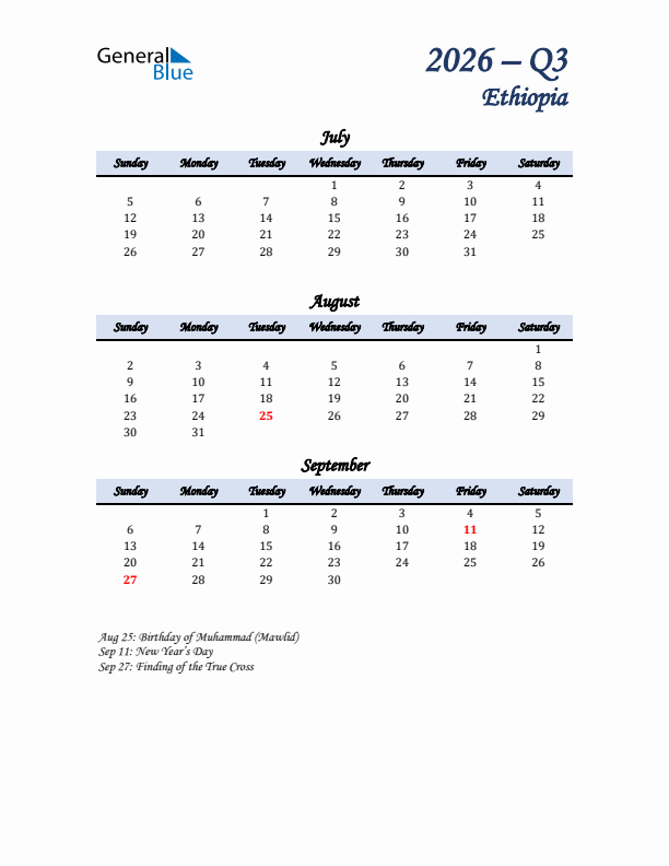 July, August, and September Calendar for Ethiopia with Sunday Start