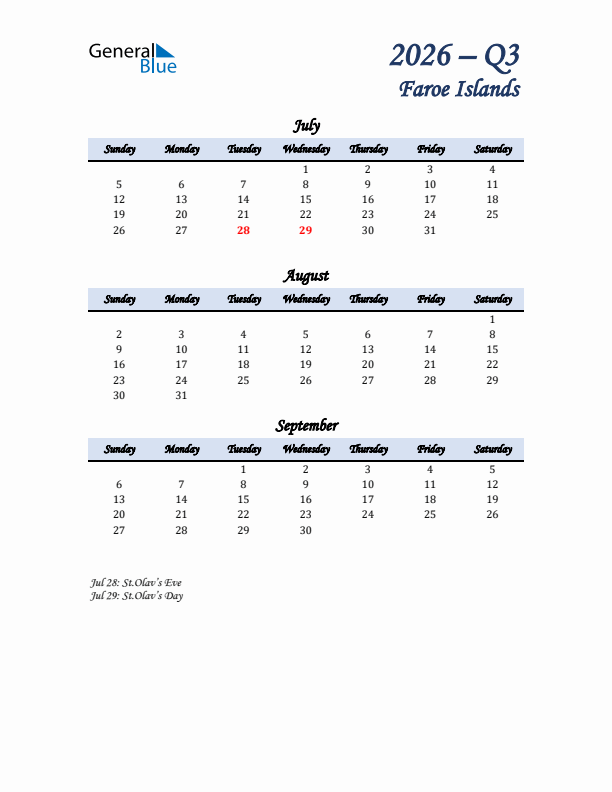 July, August, and September Calendar for Faroe Islands with Sunday Start