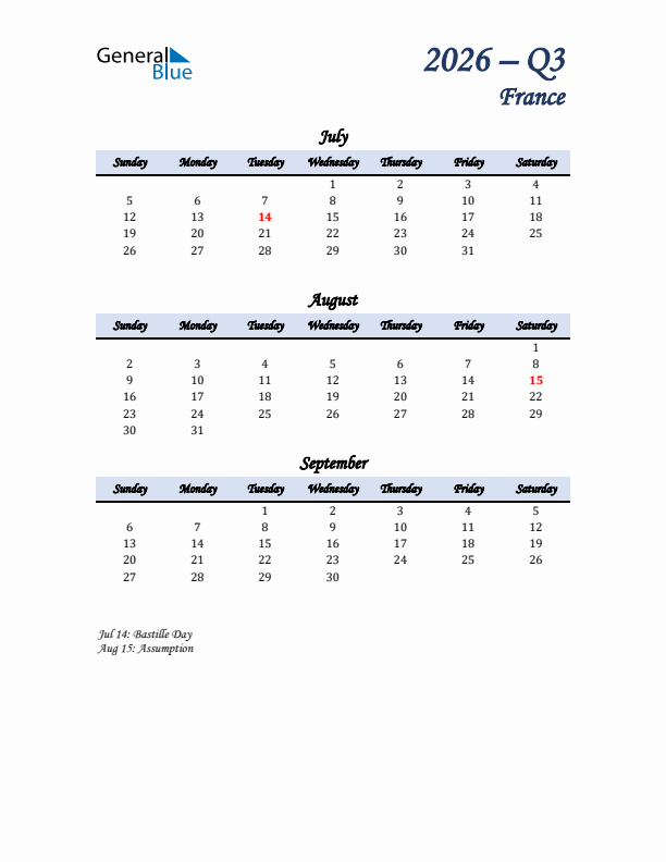 July, August, and September Calendar for France with Sunday Start