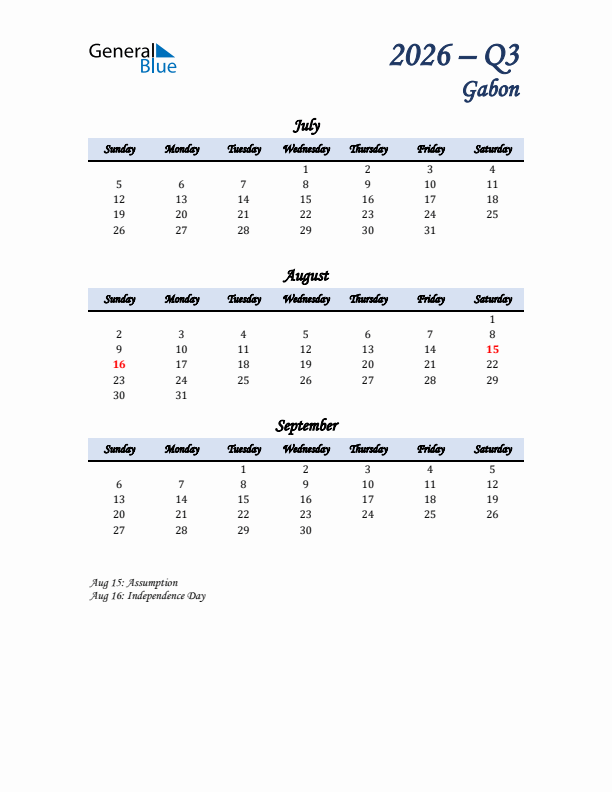 July, August, and September Calendar for Gabon with Sunday Start