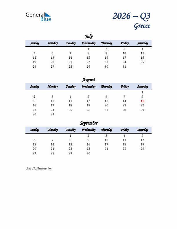 July, August, and September Calendar for Greece with Sunday Start