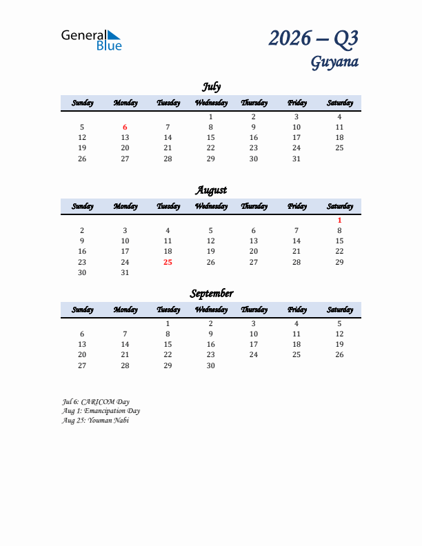 July, August, and September Calendar for Guyana with Sunday Start