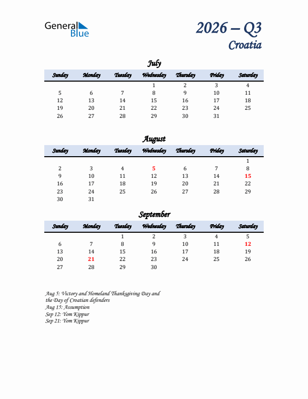 July, August, and September Calendar for Croatia with Sunday Start