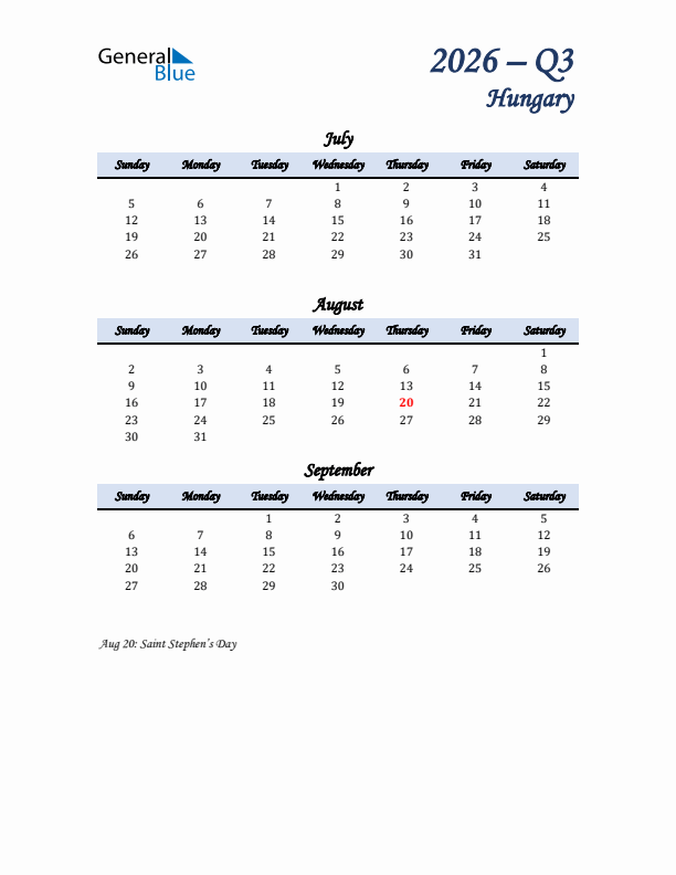 July, August, and September Calendar for Hungary with Sunday Start