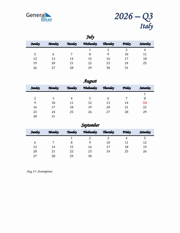 July, August, and September Calendar for Italy with Sunday Start