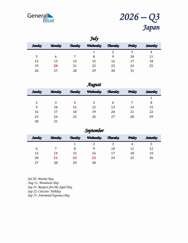 July, August, and September Calendar for Japan with Sunday Start