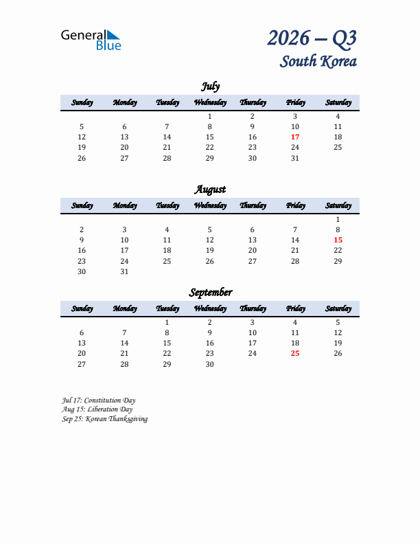 July, August, and September Calendar for South Korea with Sunday Start