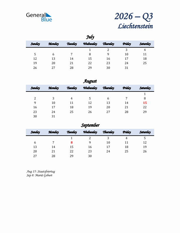 July, August, and September Calendar for Liechtenstein with Sunday Start