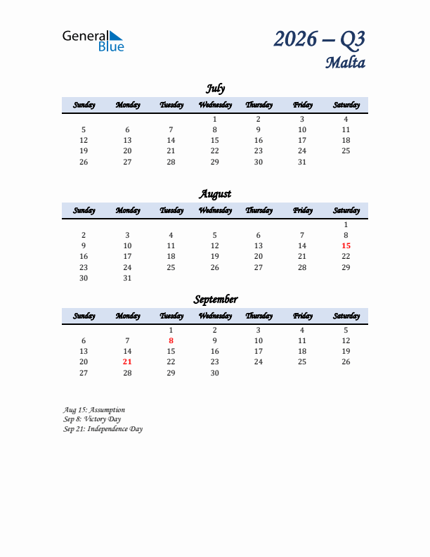 July, August, and September Calendar for Malta with Sunday Start