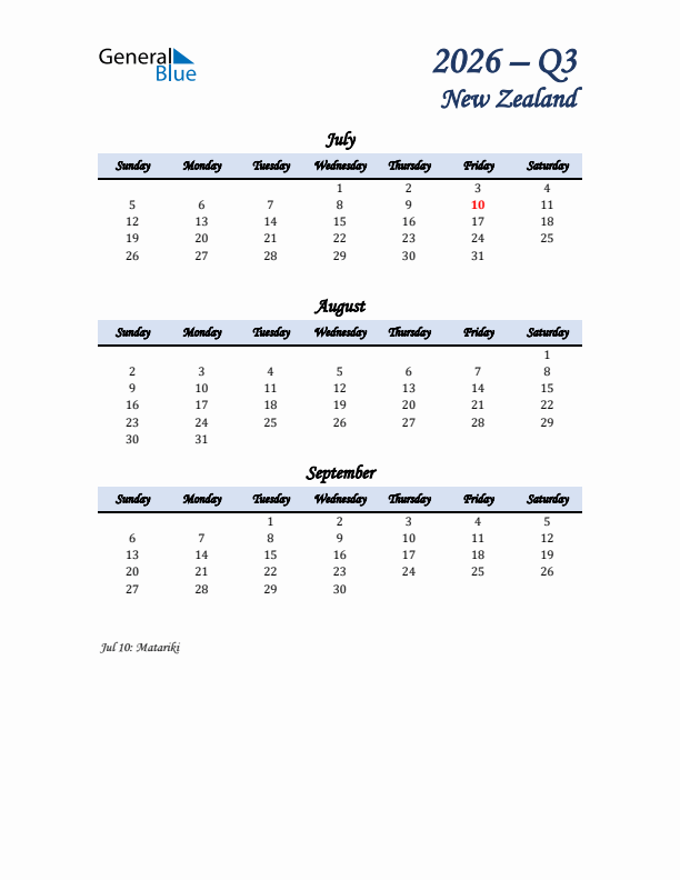 July, August, and September Calendar for New Zealand with Sunday Start