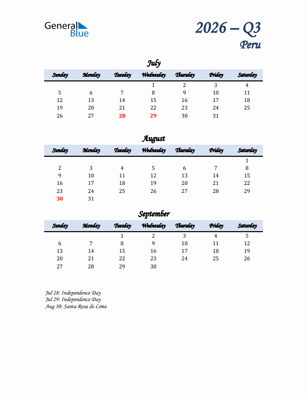 July, August, and September Calendar for Peru with Sunday Start