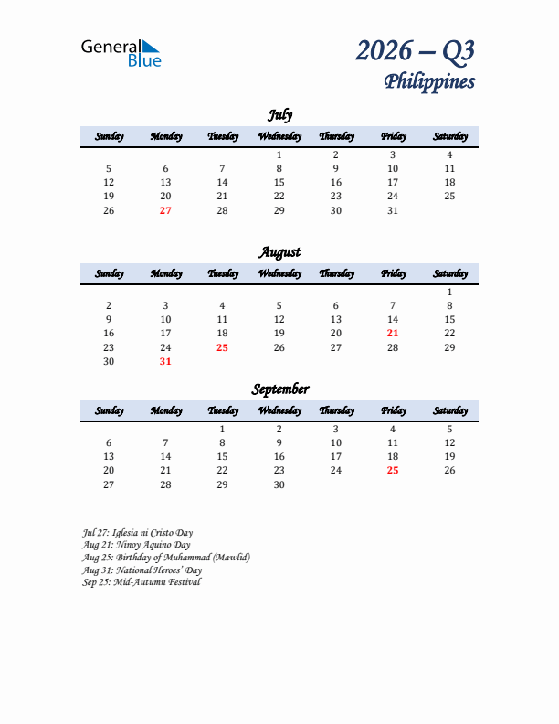 July, August, and September Calendar for Philippines with Sunday Start