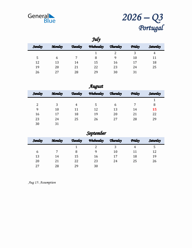 July, August, and September Calendar for Portugal with Sunday Start