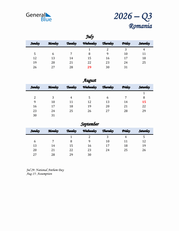 July, August, and September Calendar for Romania with Sunday Start