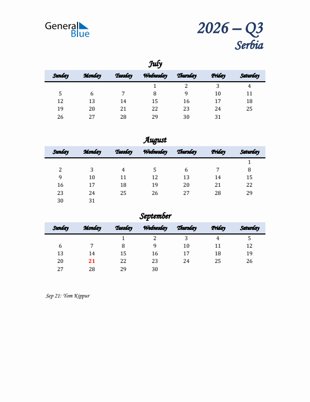 July, August, and September Calendar for Serbia with Sunday Start