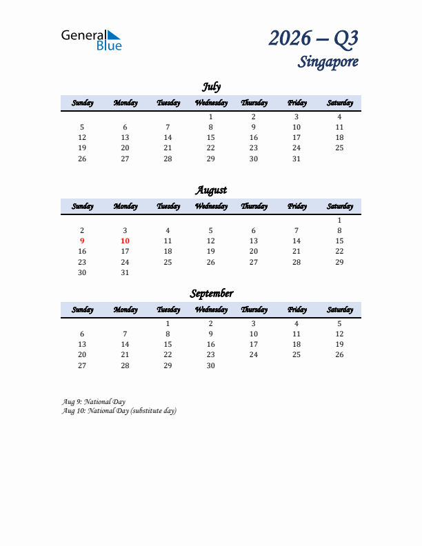 July, August, and September Calendar for Singapore with Sunday Start