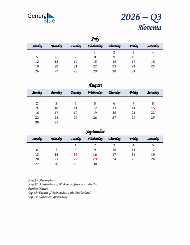 July, August, and September Calendar for Slovenia with Sunday Start