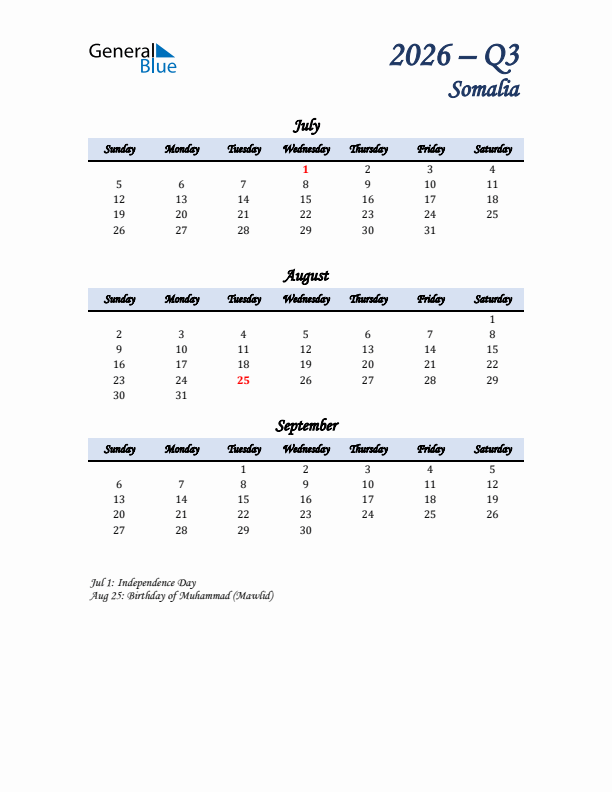 July, August, and September Calendar for Somalia with Sunday Start