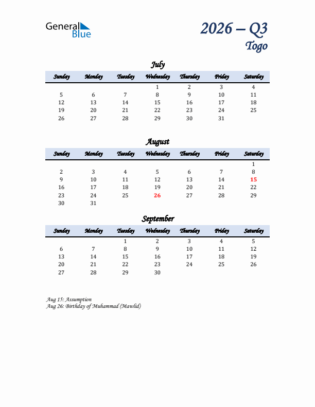 July, August, and September Calendar for Togo with Sunday Start