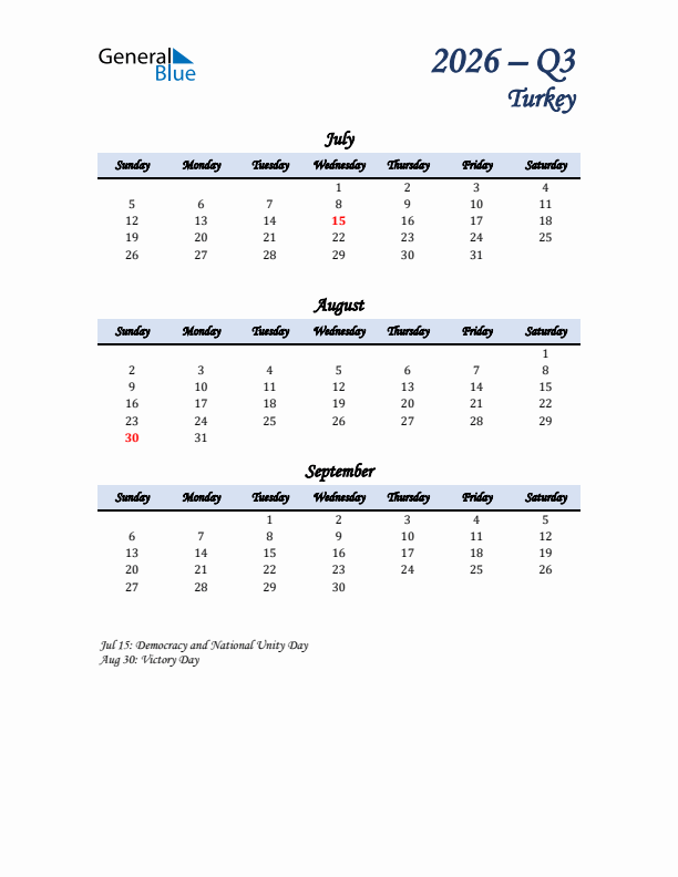 July, August, and September Calendar for Turkey with Sunday Start