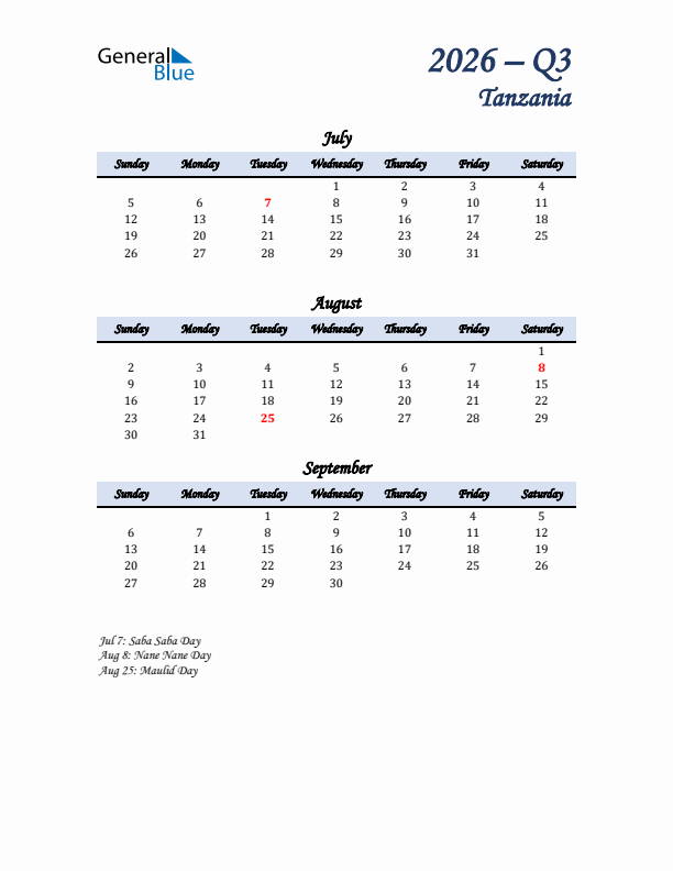 July, August, and September Calendar for Tanzania with Sunday Start