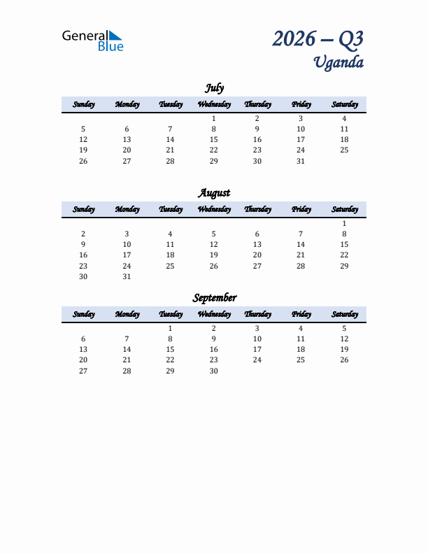 July, August, and September Calendar for Uganda with Sunday Start