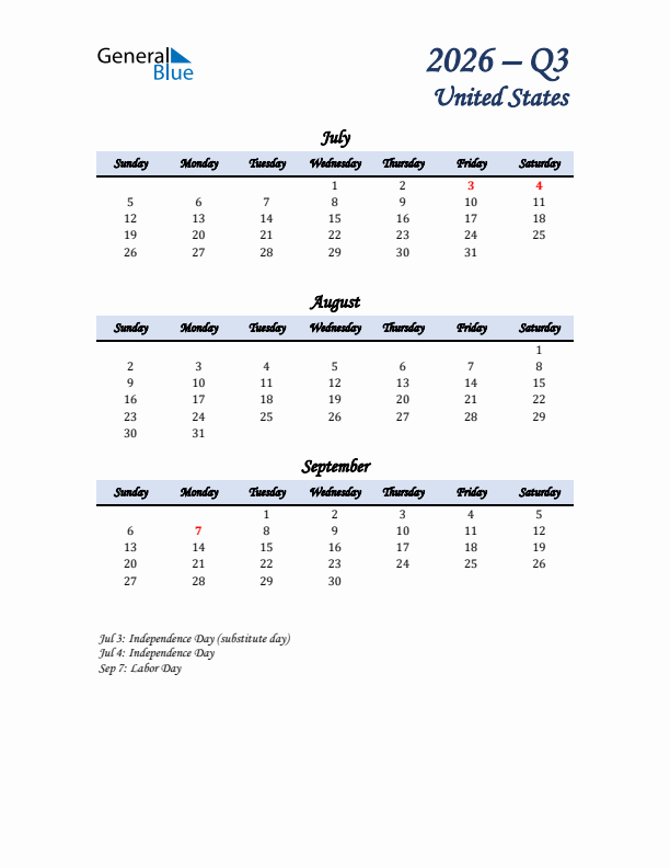 July, August, and September Calendar for United States with Sunday Start