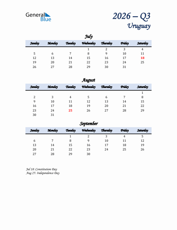 July, August, and September Calendar for Uruguay with Sunday Start