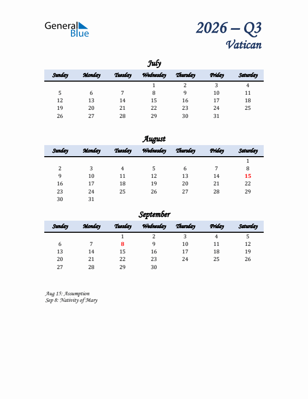 July, August, and September Calendar for Vatican with Sunday Start