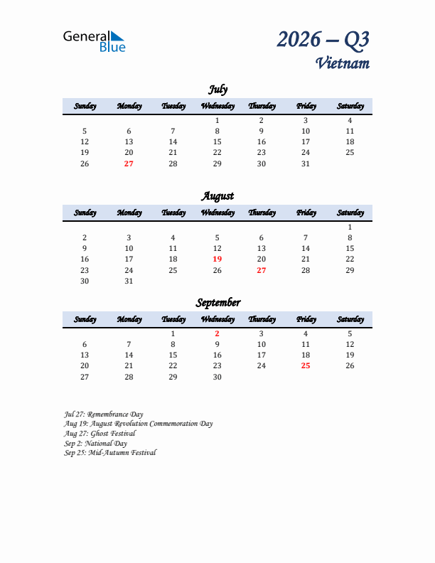 July, August, and September Calendar for Vietnam with Sunday Start