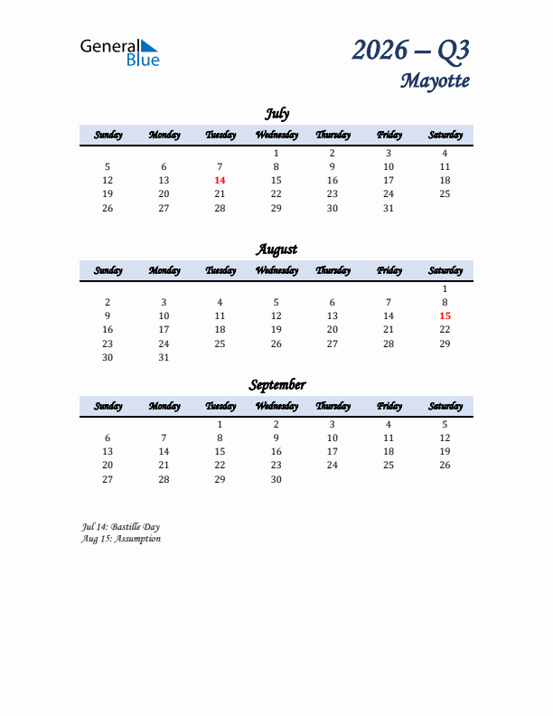 July, August, and September Calendar for Mayotte with Sunday Start