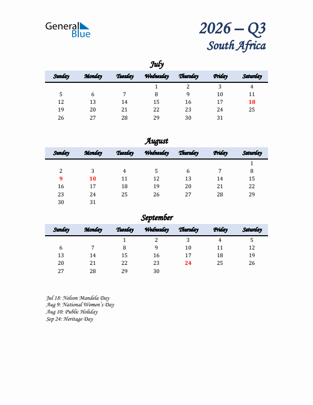 July, August, and September Calendar for South Africa with Sunday Start