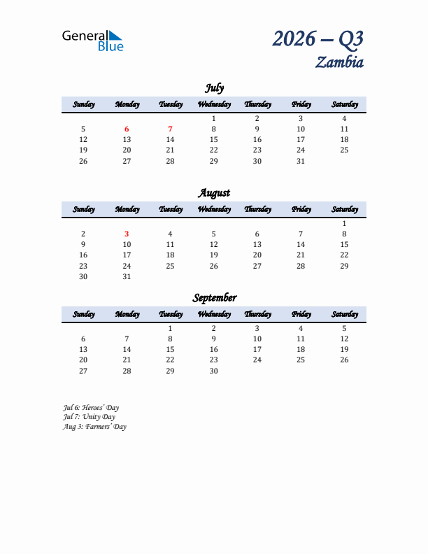 July, August, and September Calendar for Zambia with Sunday Start