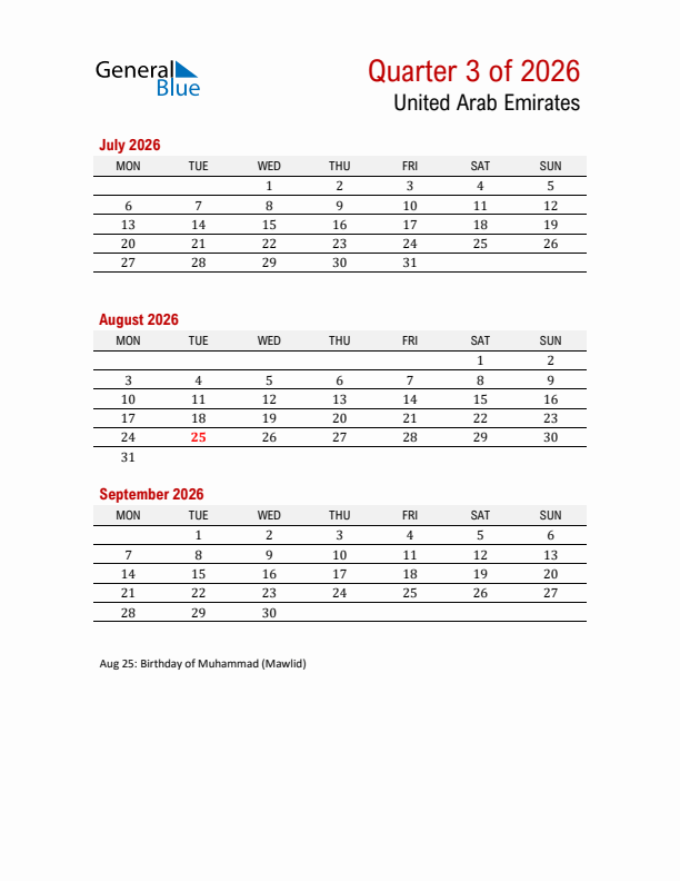 Printable Three Month Calendar with United Arab Emirates Holidays